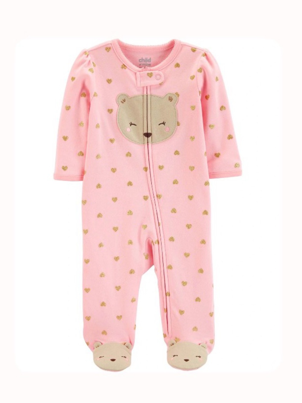 💼2️⃣ child of mine Pink Footed One-Piece with Gold Hearts and Bear Accents